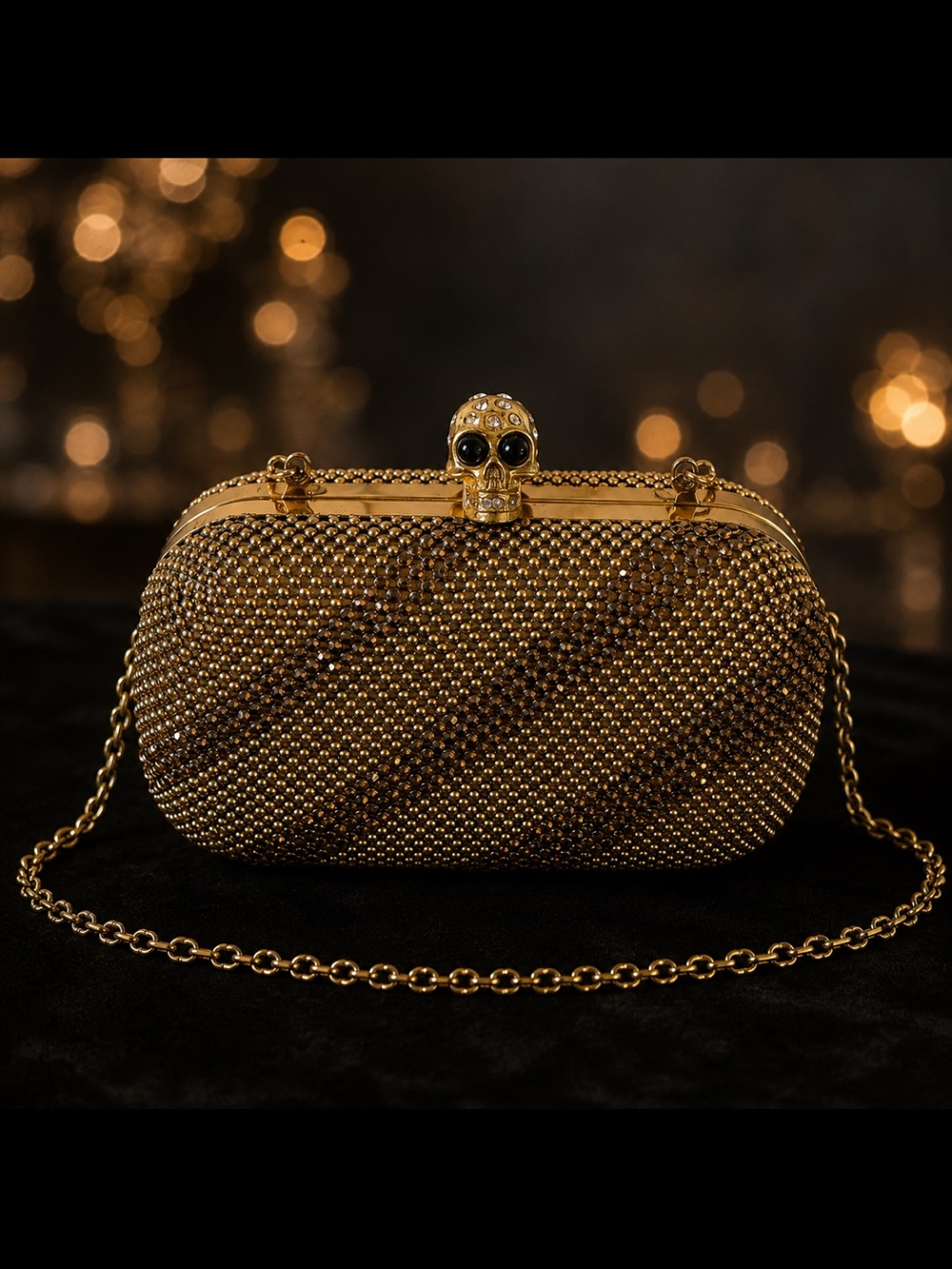 Gold Crystal Skull Evening Clutch with Chain Strap